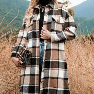 Women's Plaid Print Button Front Split Long Sleeve Warm Coat, size M(6)
